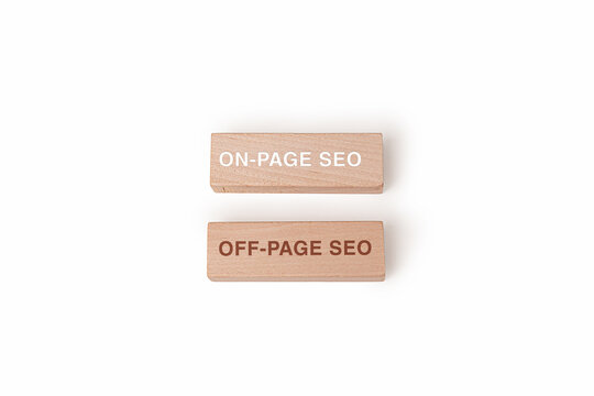 Two wooden blocks labeled "on-page SEO" and "off-page SEO," illustrating key concepts in search engine optimization. SEO beginners guide major differences
