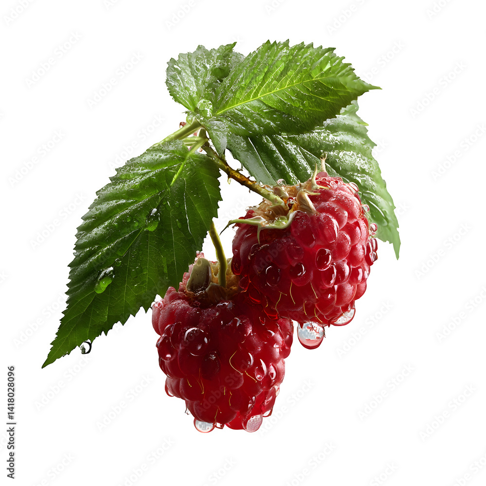 Poster raspberry sprig with droplets isolated on transparent background