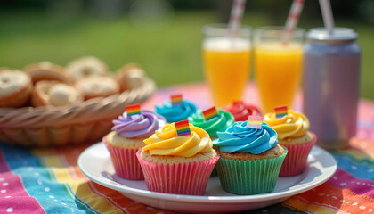 Colorful cupcakes celebrating Pride Month on a picnic table  