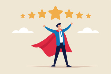 5 stars expert, excellence or great service, quality and good reputation professional, award winning or best rating concept, businessman superhero carrying big golden customer 5 stars rating feedback.