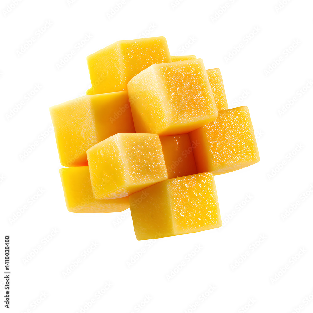 Poster sliced mango cube grid isolated on transparent background