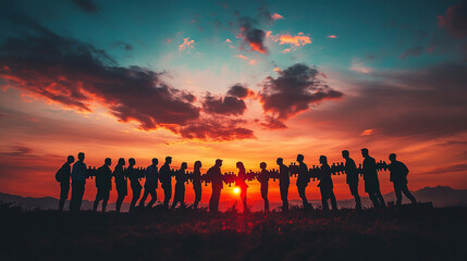 Teamwork and unity expressed through a collective puzzle connection at sunset