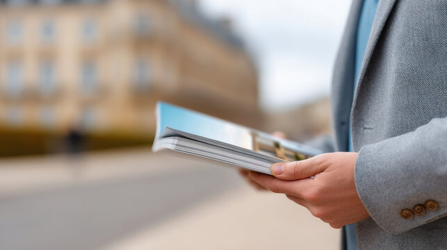 person in suit holds property guide outdoors, suggesting real estate consultation