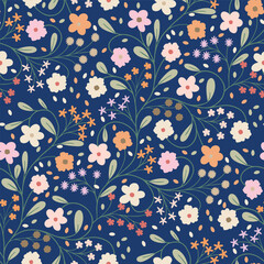Fototapeta premium Seamless vector floral vine pattern with pastel flowers and leaves on navy blue