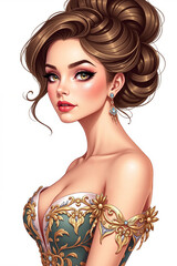 Elegant young woman in a beautifully detailed gown, graceful expression, illustrated portrait in a vibrant style