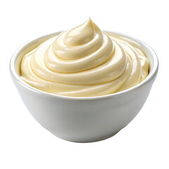 Creamy mayonnaise served in a clear bowl isolated on transparent, Png.