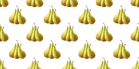 Seamless pattern of three fresh pears forming a triangle on white background