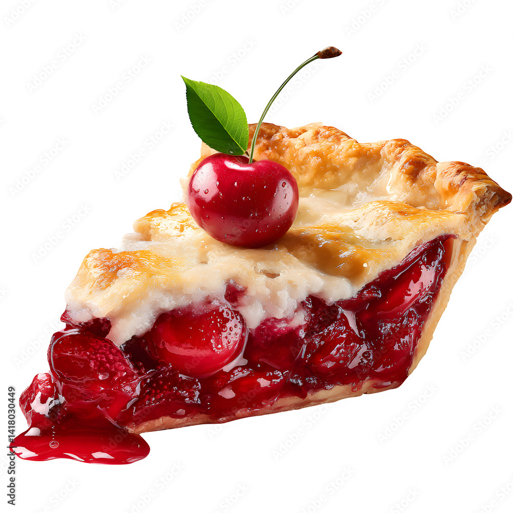 Poster cherry pie slice with golden crust isolated on transparent background