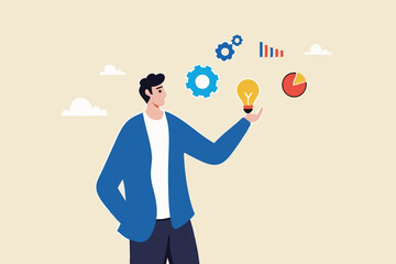 Business intelligence, data analysis for insight making business decision for success, information or report for management concept, businessman hold smart lightbulb with business intelligence data.
