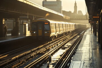 Naklejka premium Train travels along urban tracks during sunrise in a bustling city