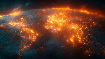 Fototapeta premium Global urban heat, a fiery depiction of Earth's illuminated cities.