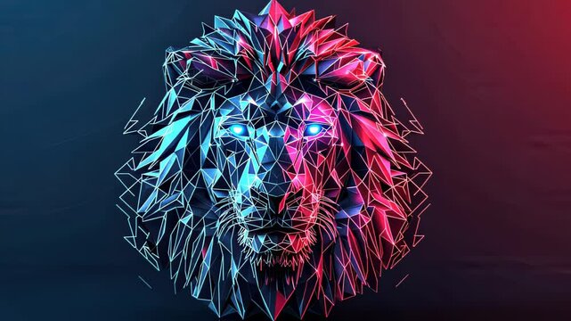 A digital futuristic representation of a lion with neon geometric shapes and glowing eyes, combining nature and technology.