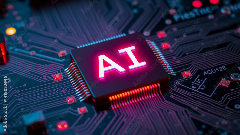 Poster ai technology background abstract circuit board with glowing ai chip