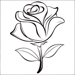 Single rose outline vector illustration with clean white backdrop.