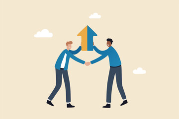 Joint venture business partnership agree to share resource and work together to achieve same goal, merge or acquisition, cooperation concept, businessman handshake connect growth arrow jigsaw puzzle.