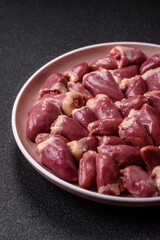 Chicken raw heart, red duck or turkey internal organs as an ingredient