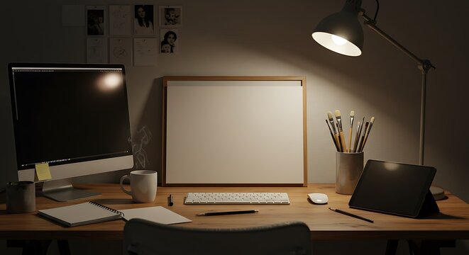 Night Workspace: Digital Artist's Cozy Desk Setup