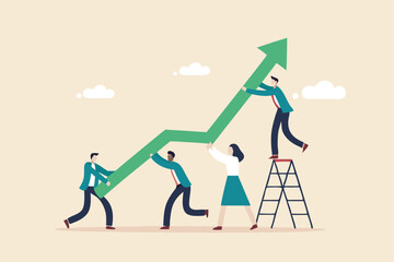 Team growth, teamwork to help improve working and achieve success, work together or cooperate to increase efficiency concept, business people help pushing green graph and chart arrow rising up.