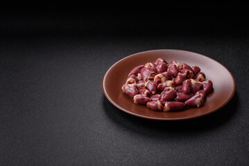 Chicken raw heart, red duck or turkey internal organs as an ingredient