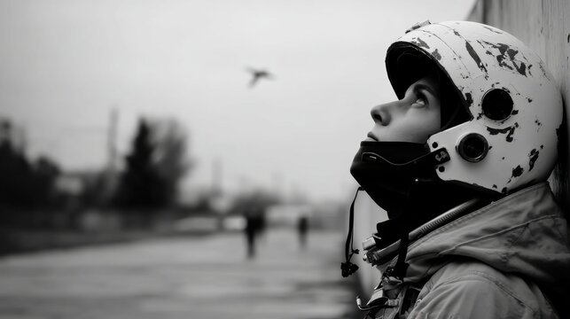 Black and white cinematic portrait of pilot resting against wall with scratched helmet looking up in overcast urban environment ideal for introspective storytelling and military editorials
