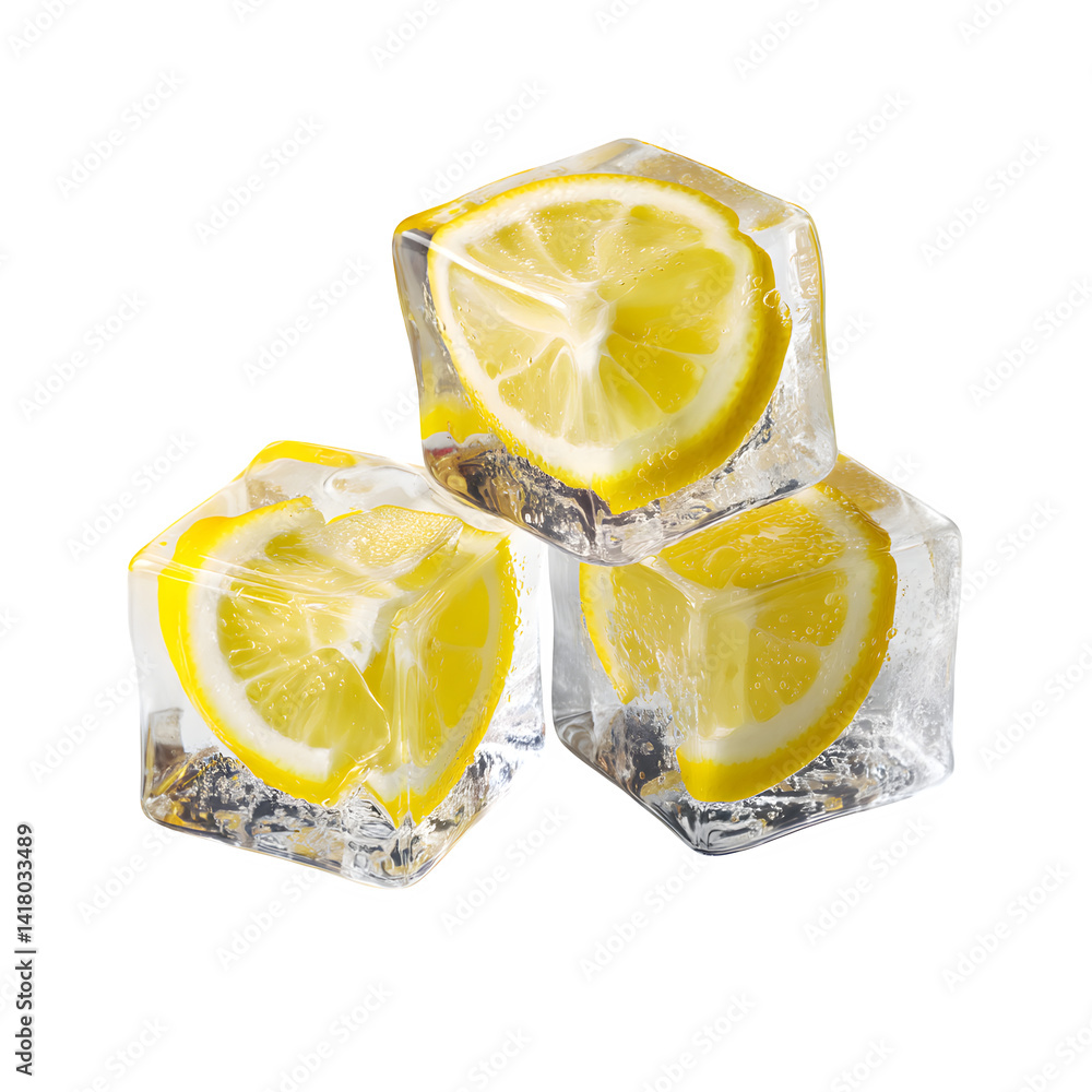 Poster ice cubes with lemon slices frozen inside isolated on transparent background