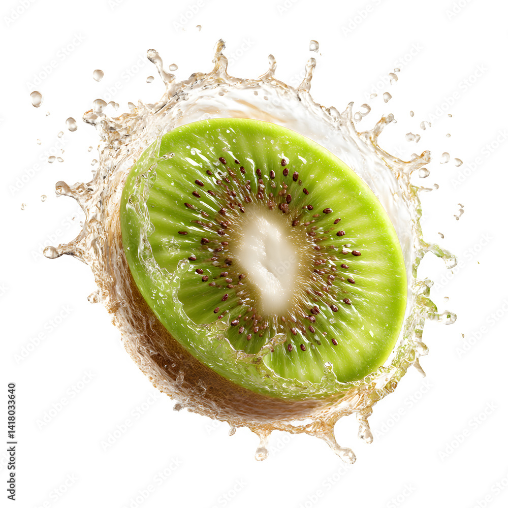Poster kiwi fruit slice with splash effect isolated on transparent background