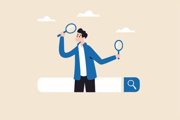 Search, discover or research, SEO, search engine optimization, finding information, new job or explore websites concept, businessman with magnifying glass discover new websites from search box.