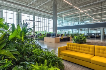 Modern office space with plants and yellow couch