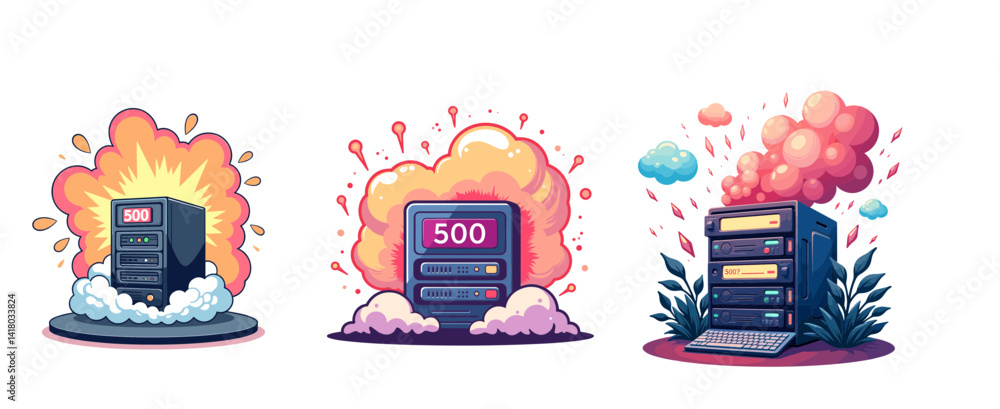 Poster vector icon of malfunctioning servers with error codes and colorful explosions on clean background, 