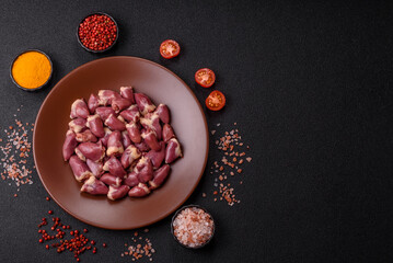 Chicken raw heart, red duck or turkey internal organs as an ingredient