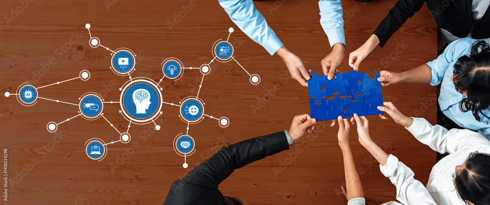 Poster a group of diverse professionals collaborating on a blue puzzle, showcasing teamwork and innovative 