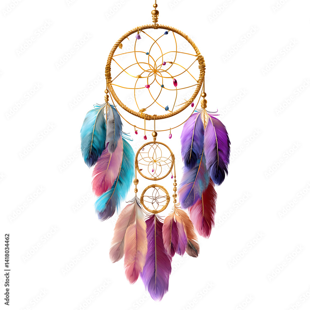 Poster boho dreamcatcher with feathers isolated on transparent background