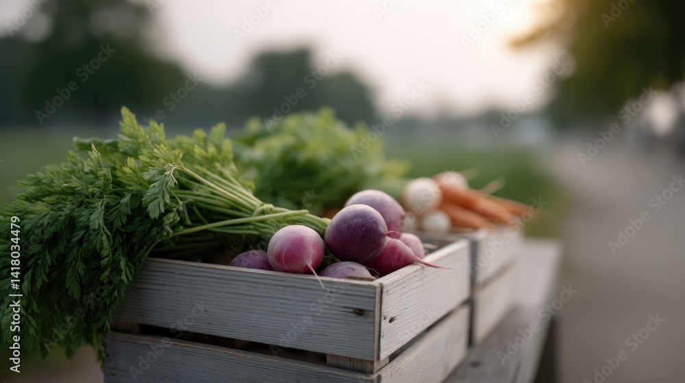 Poster fresh farm produce neatly arranged on rustic wooden crates with blurred people in background