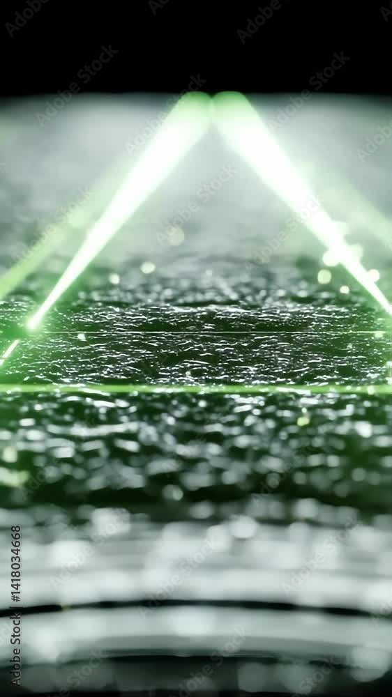 Poster glowing green laser lines forming a futuristic grid pattern on a wet, textured black ground with sof