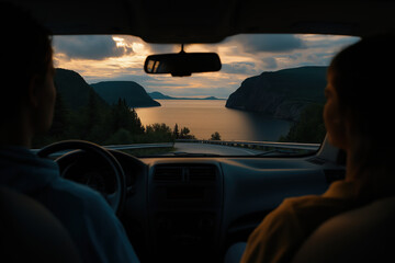 Fototapeta premium Driving along a scenic route with beautiful views at sunset near the coast
