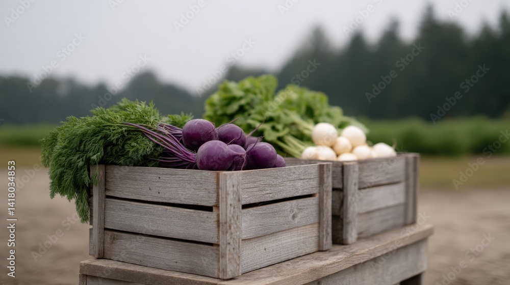 Poster fresh farm produce neatly arranged on rustic wooden crates with blurred people in background