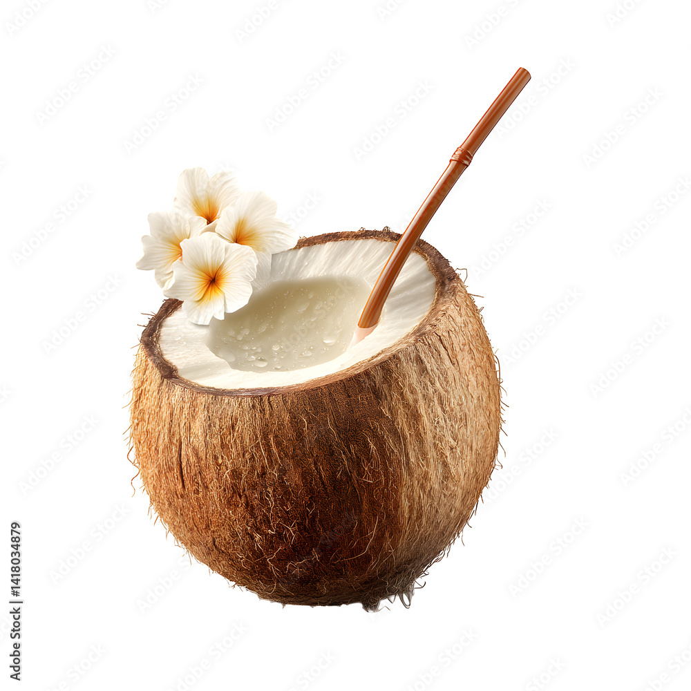 Poster coconut half with straw isolated on transparent background