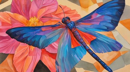 Fototapeta premium Vivid dragonfly watercolor Azure wings meet floral warmth