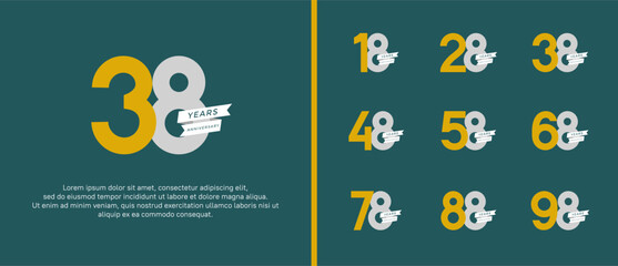 set of anniversary logo flat yellow and silver color with ribbon for celebration moment