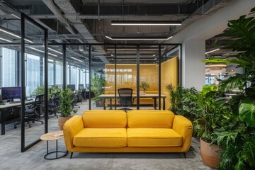 Modern office with yellow couch