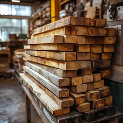 Stacked Wooden Planks In Workshop High Resolution Image