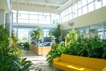 Modern open-plan office with abundant greenery