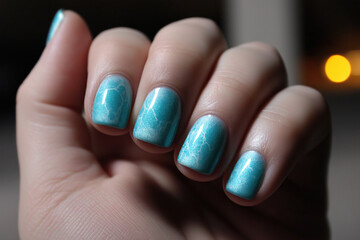 Beautiful turquoise nail art design with striking patterns on hand in low light setting