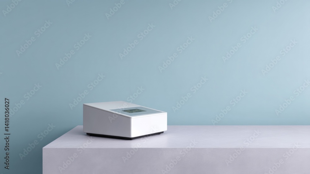 Poster high-tech diagnostic device placed centrally on smooth solid color background minimalistic and moder