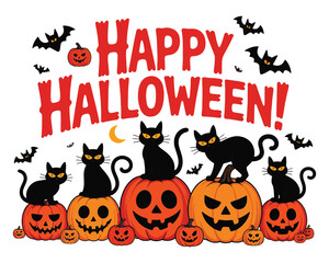 Set of halloween cats with pumpkins colorful vector illustration on white background