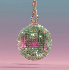 Obraz premium a green hanging disco ball with beaded decoration on a pink background, ball, disco, mirror, sphere, party.