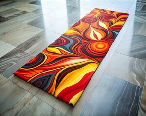 Colorful abstract patterned rug on a neutral tile floor, a vibrant design