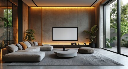 Modern living room interior with large windows sofa and blank screen.