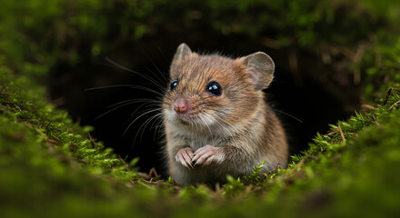 Adorable Brown Field Mouse Emerging from Mossy Burrow in Forest