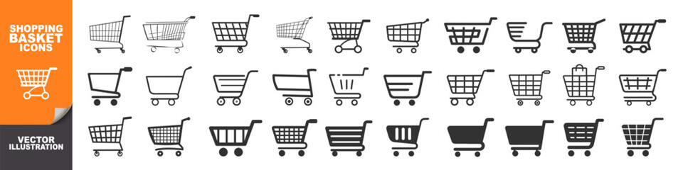 Shopping cart icon isolated on transparent. Trolley and grocery basket. Shopping cart icon set, flat and line style for E-commerce and retail © Alex